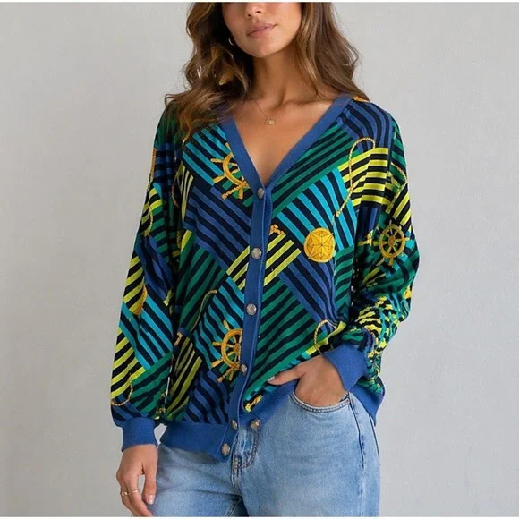 VTG 90s Italian Nautical Cardigan Sweater Womens Size L Blue Gold Button Coastal - Picture 1 of 9